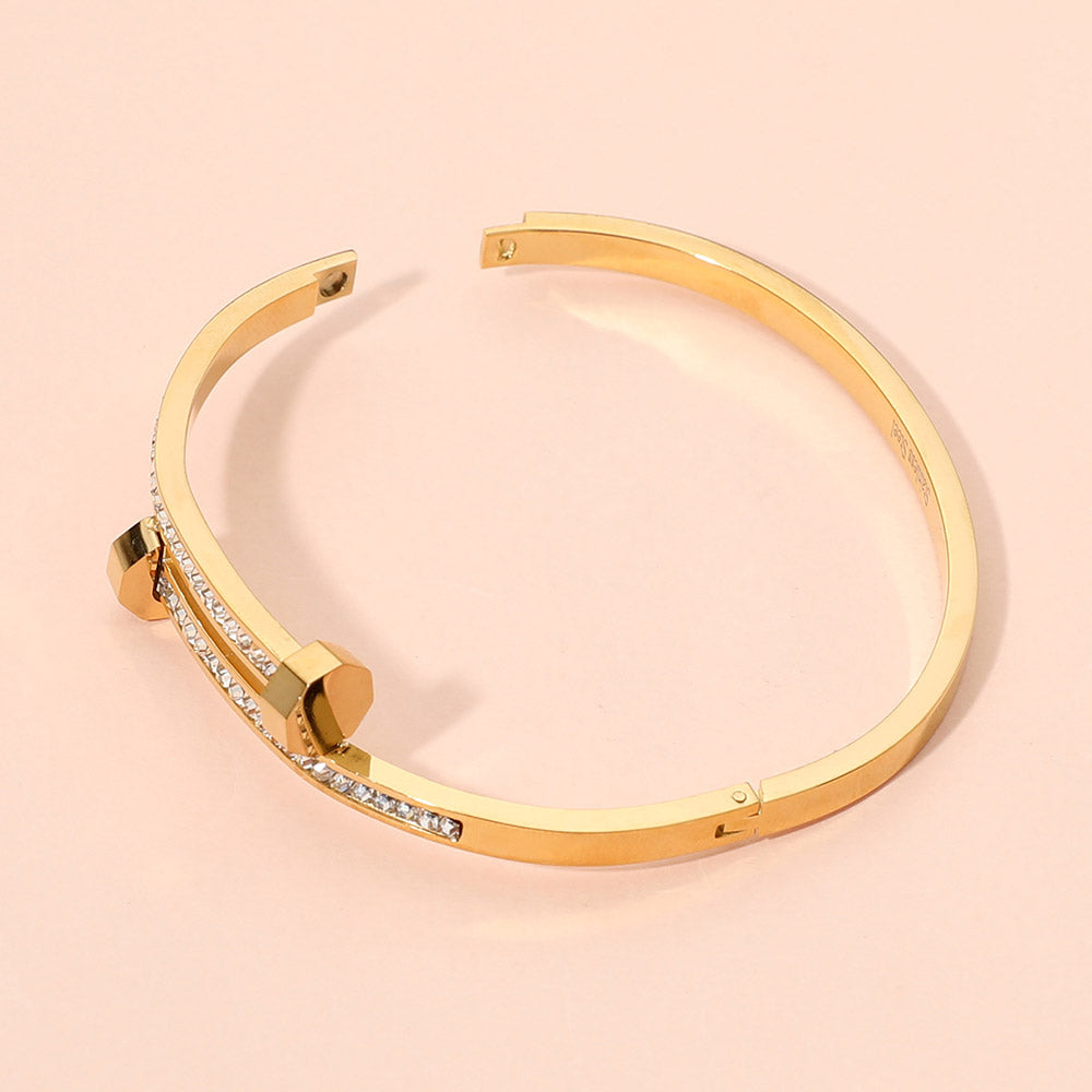 Stainless Steel CZ Stone Paved Nail Head Tip Hinged Bangle Bracelet