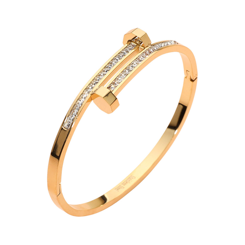 Stainless Steel CZ Stone Paved Nail Head Tip Hinged Bangle Bracelet