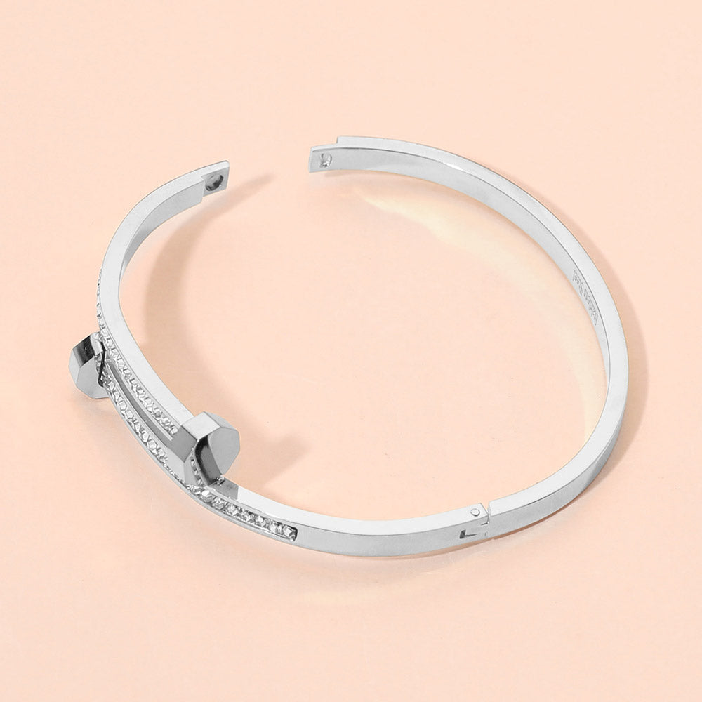 Stainless Steel CZ Stone Paved Nail Head Tip Hinged Bangle Bracelet