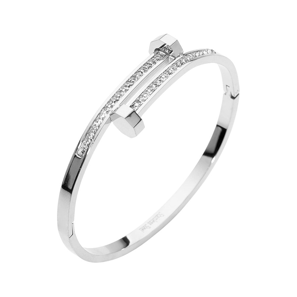 Stainless Steel CZ Stone Paved Nail Head Tip Hinged Bangle Bracelet