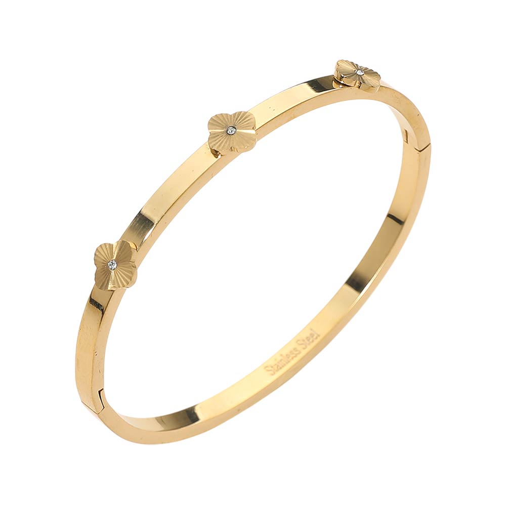 Stainless Steel CZ Center Quatrefoil Station Hinged Bangle Bracelet