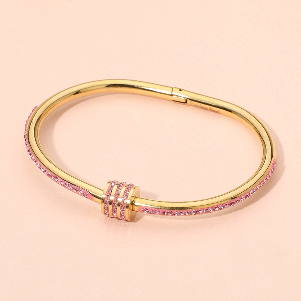 Stainless Steel CZ Stone Accent Hinged Bangle Bracelet