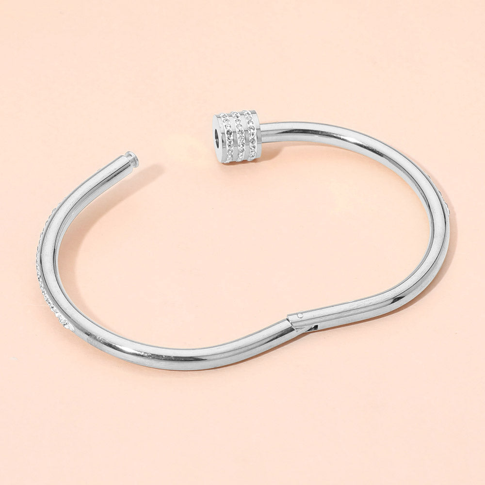 Stainless Steel CZ Stone Accent Hinged Bangle Bracelet