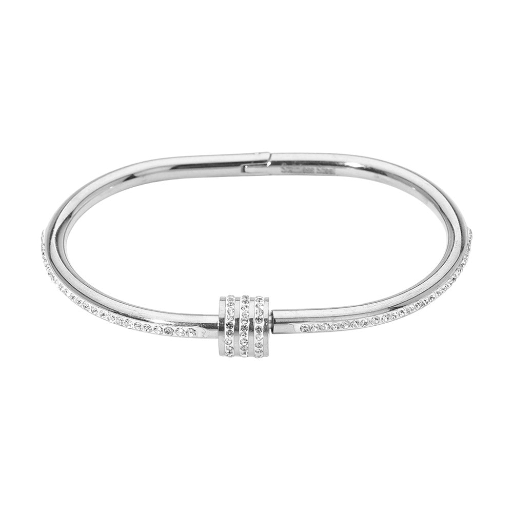 Stainless Steel CZ Stone Accent Hinged Bangle Bracelet