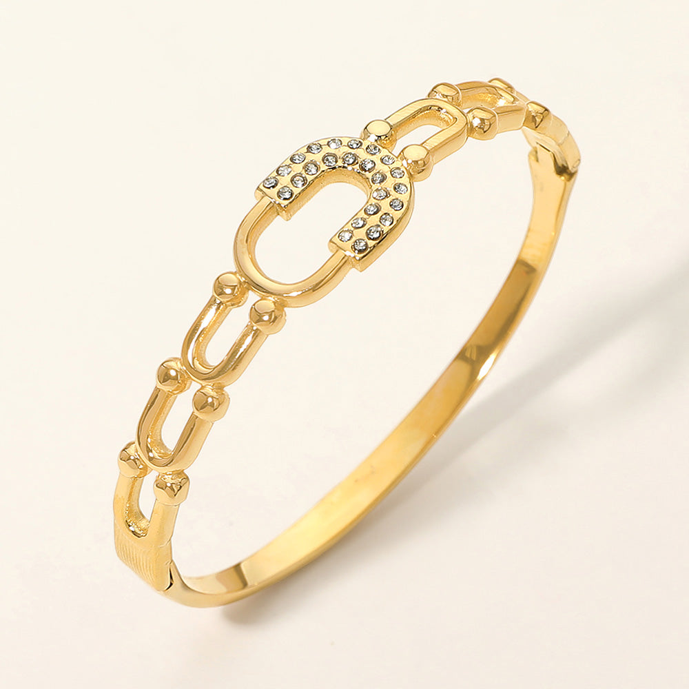Stainless Steel CZ Pave Horseshoe Accent Hinged Bangle Bracelet