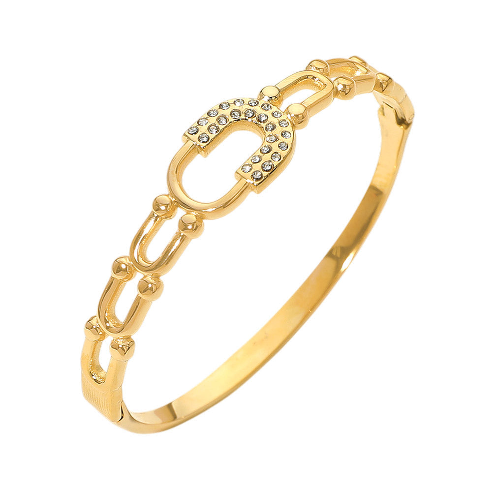 Stainless Steel CZ Pave Horseshoe Accent Hinged Bangle Bracelet