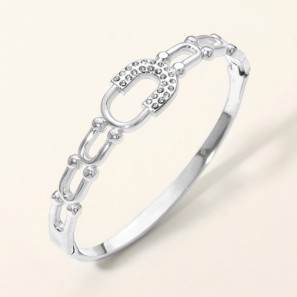 Stainless Steel CZ Pave Horseshoe Accent Hinged Bangle Bracelet
