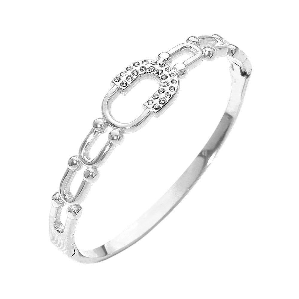 Stainless Steel CZ Pave Horseshoe Accent Hinged Bangle Bracelet