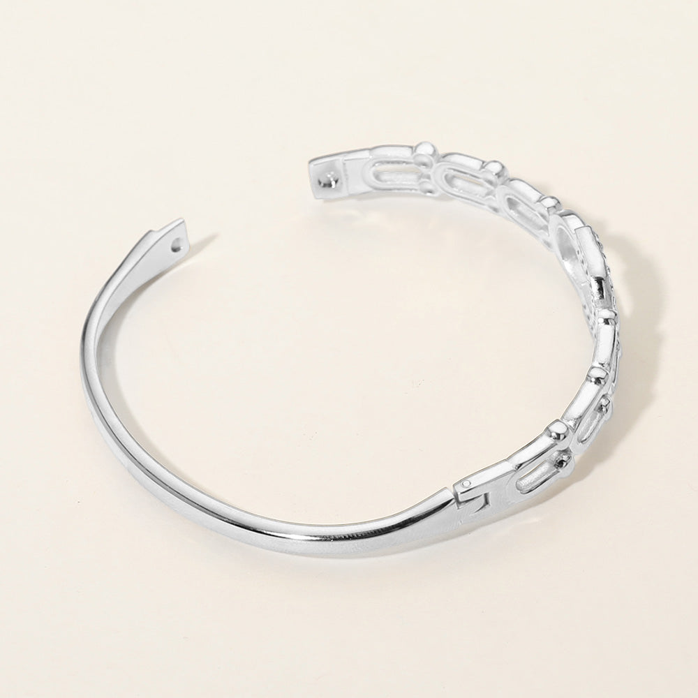 Stainless Steel CZ Pave Horseshoe Accent Hinged Bangle Bracelet