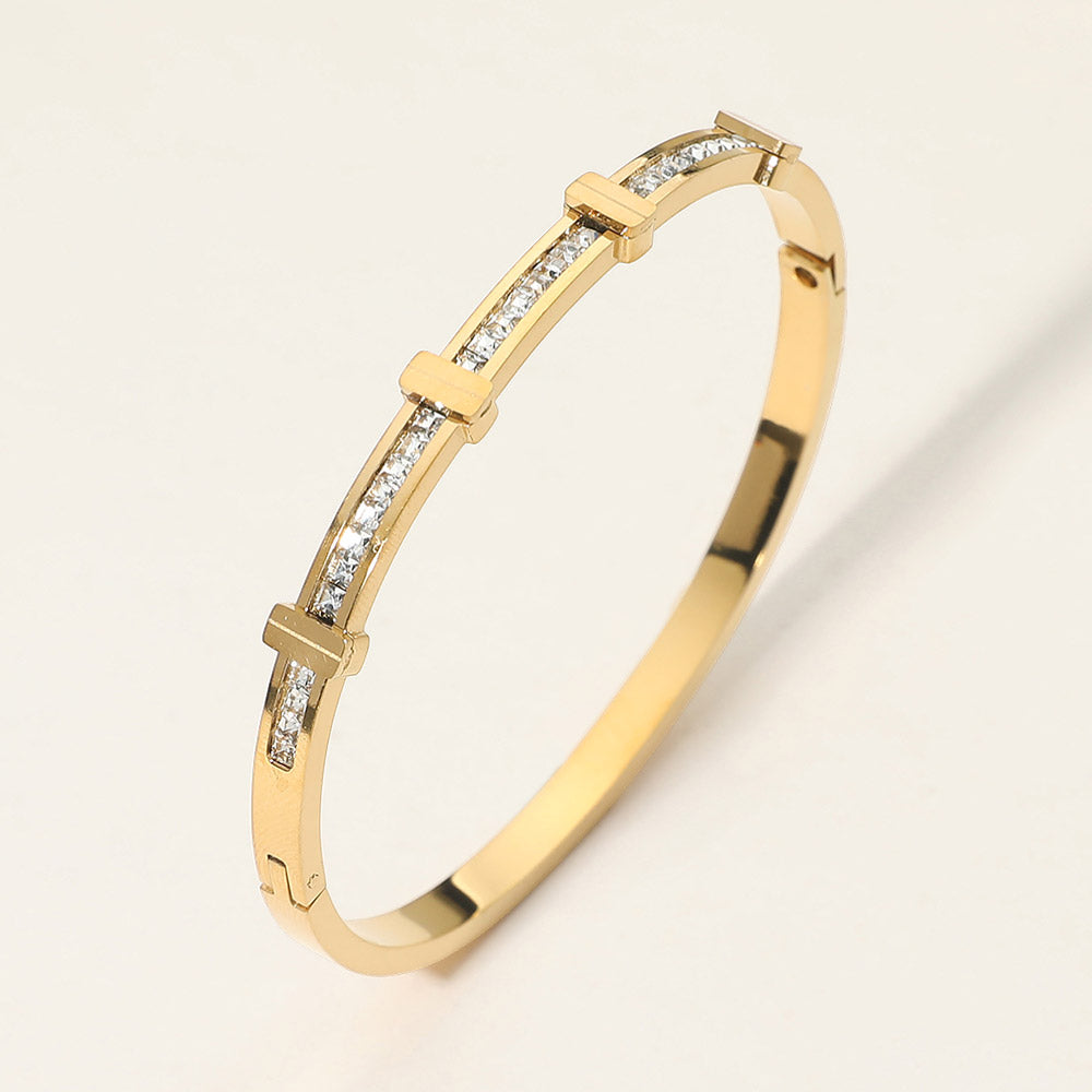 SECRET BOX_Stainless Steel Stone Inlay Sleek Hinged Bangle Bracelet