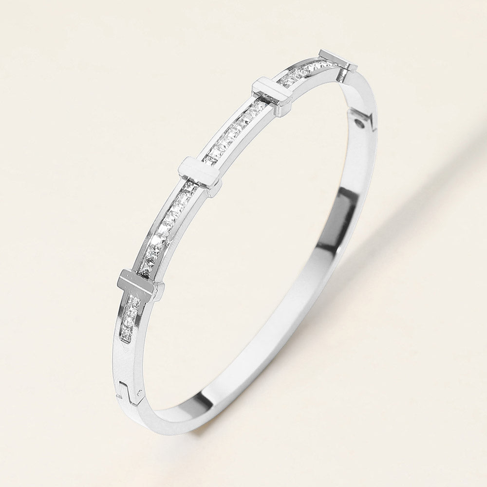 SECRET BOX_Stainless Steel Stone Inlay Sleek Hinged Bangle Bracelet