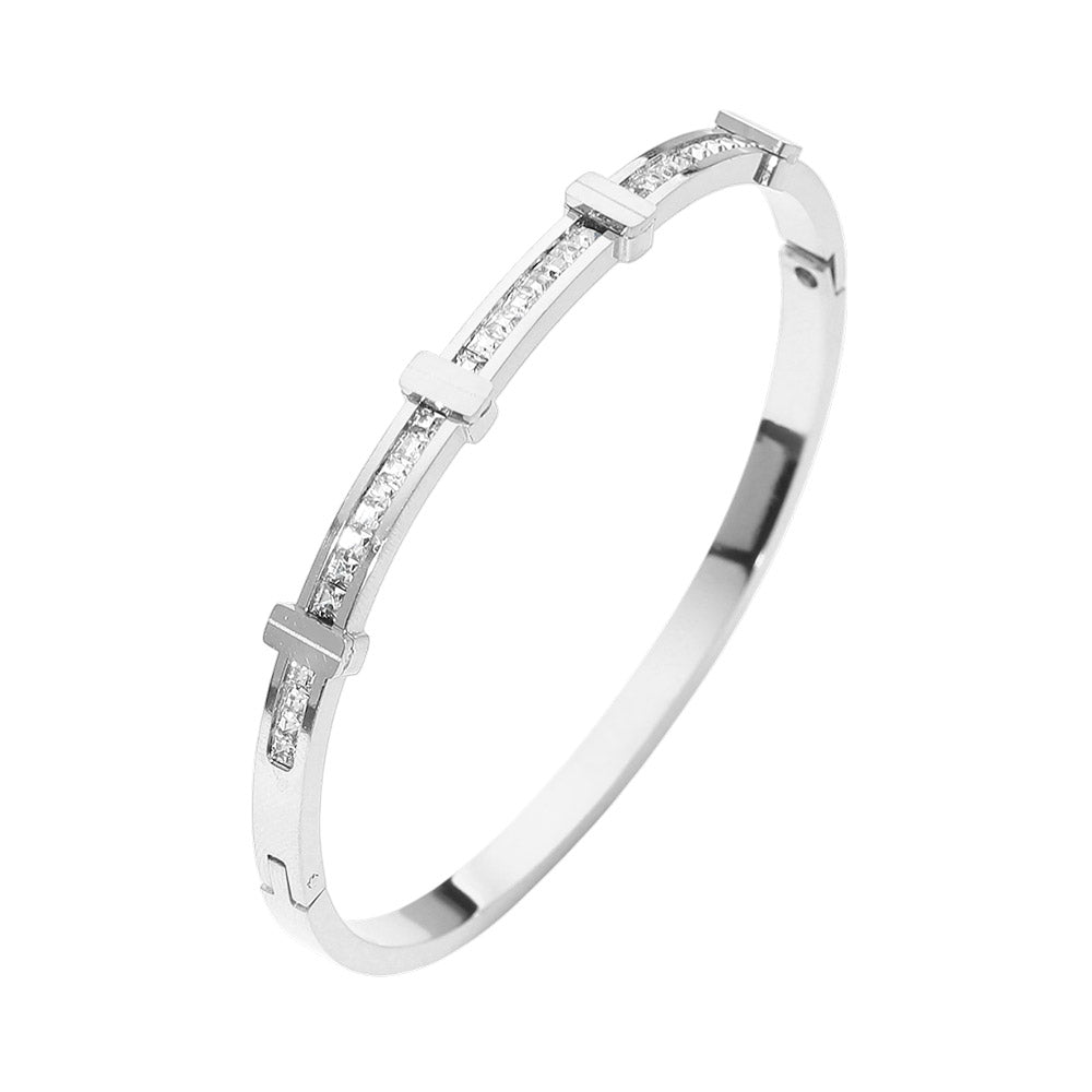 SECRET BOX_Stainless Steel Stone Inlay Sleek Hinged Bangle Bracelet