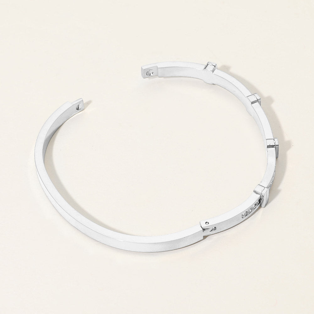 SECRET BOX_Stainless Steel Stone Inlay Sleek Hinged Bangle Bracelet