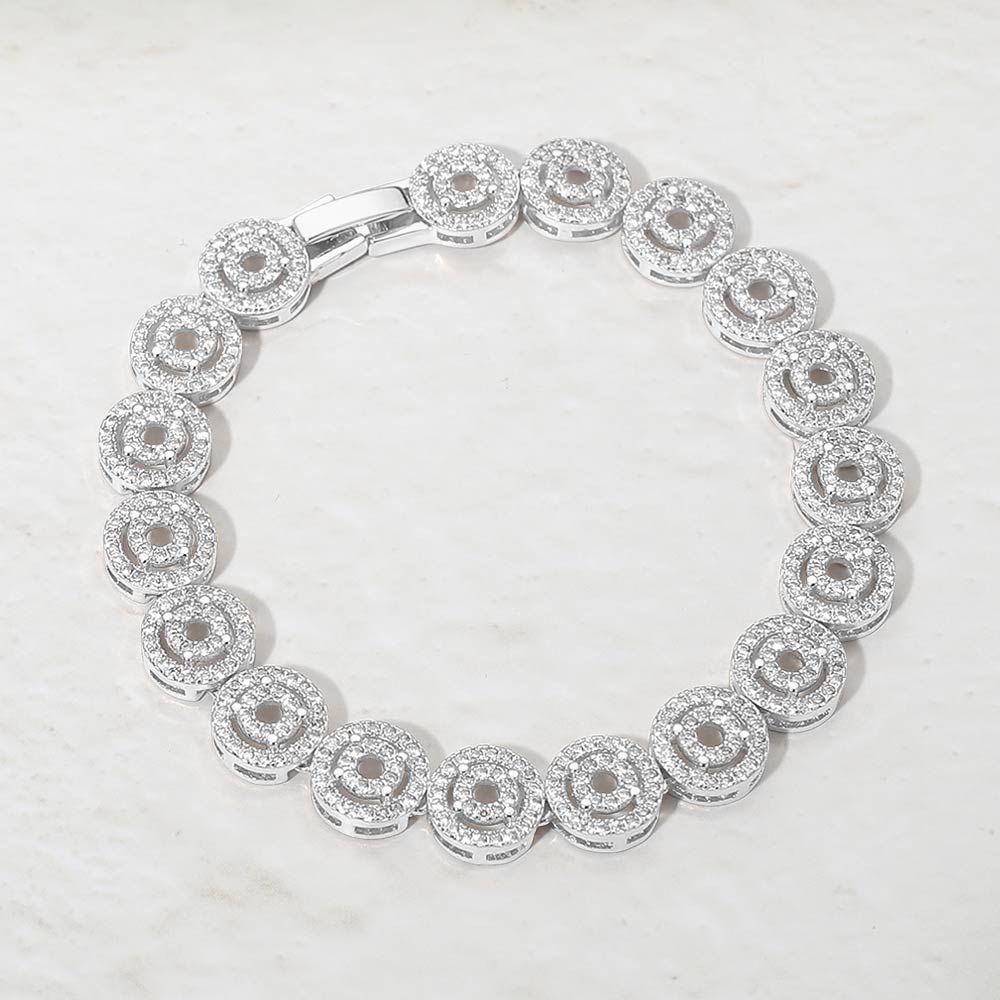 Rhodium Plated Round Halo CZ Link Tennis Bracelet