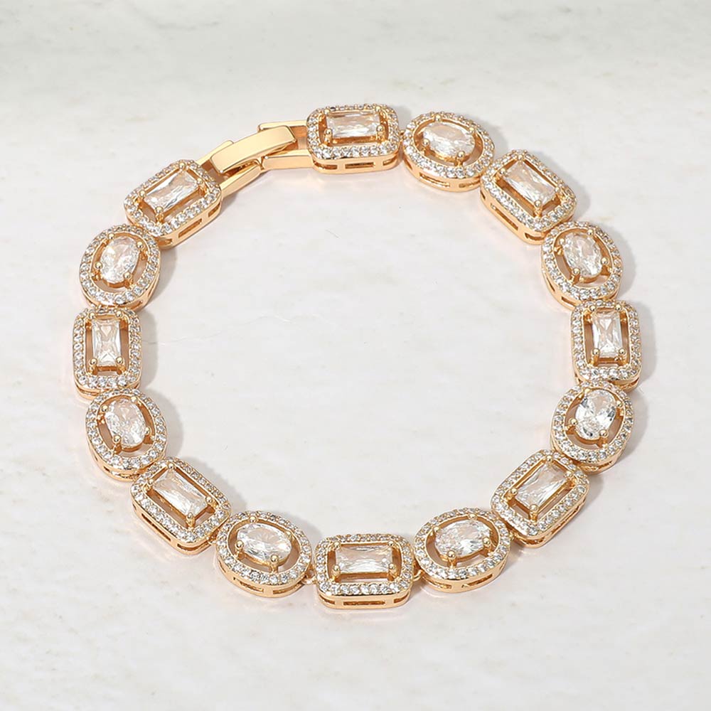 14K Gold Plated Mixed Cut Halo CZ Link Tennis Bracelet
