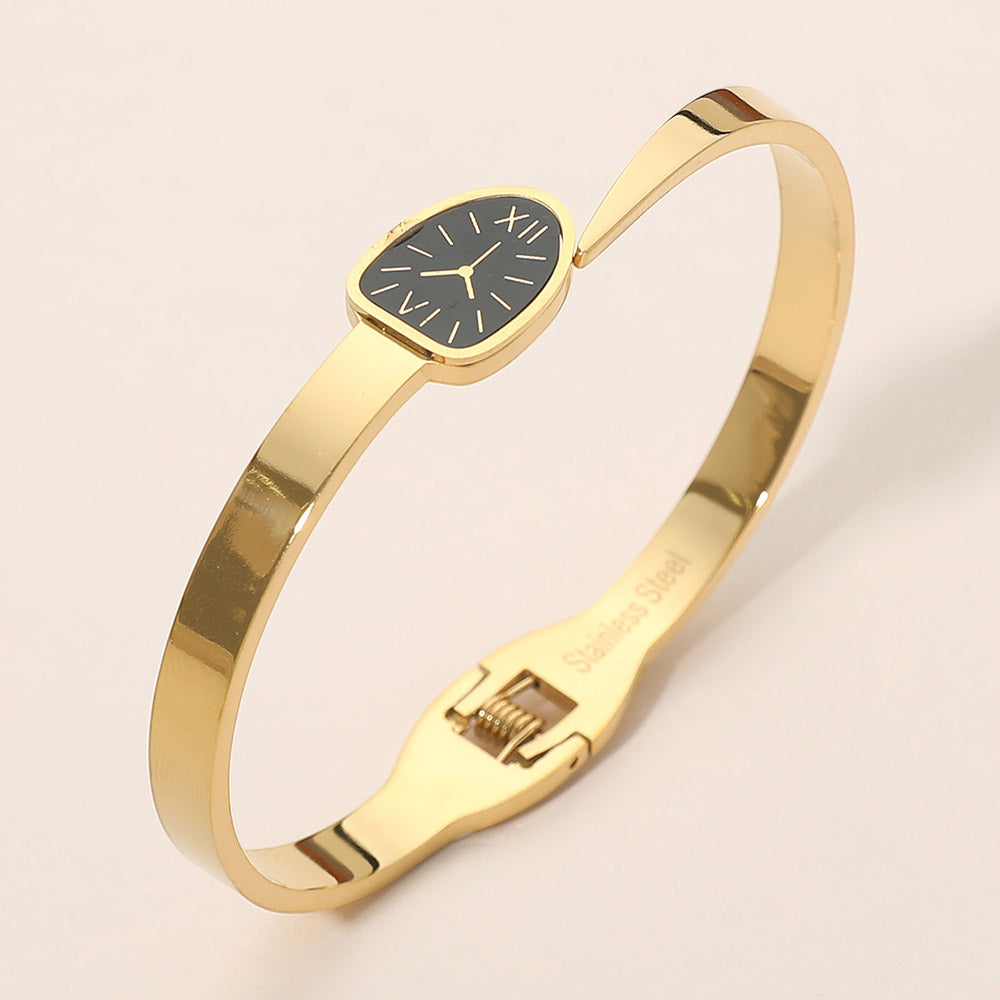 Stainless Steel Minimal Dial Accent Hinged Bangle Bracelet