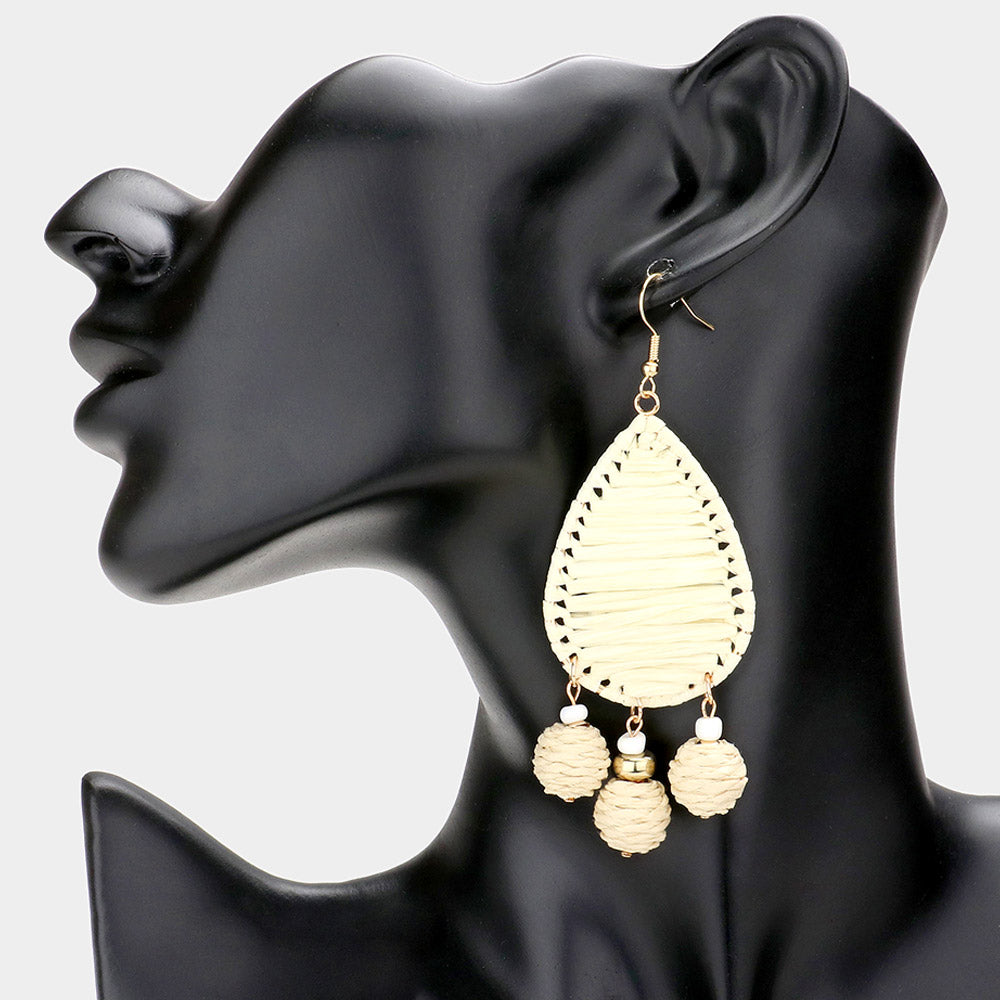 Raffia Wrapped Teardrop Triple Ball Link Dangle Earrings