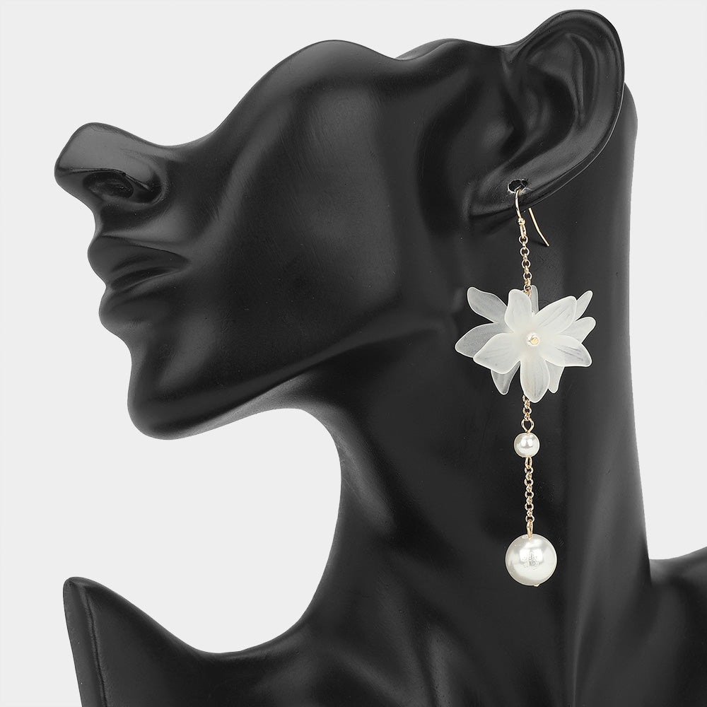 Pearl Accent Chain Detail Floral Long Drop Earrings