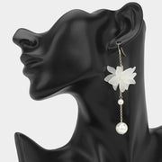 Pearl Accent Chain Detail Floral Long Drop Earrings