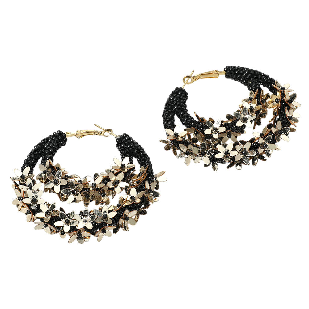 Flower Cluster Accented Seed Beaded Hoop Earrings