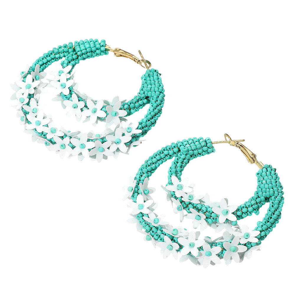 Flower Cluster Accented Seed Beaded Hoop Earrings