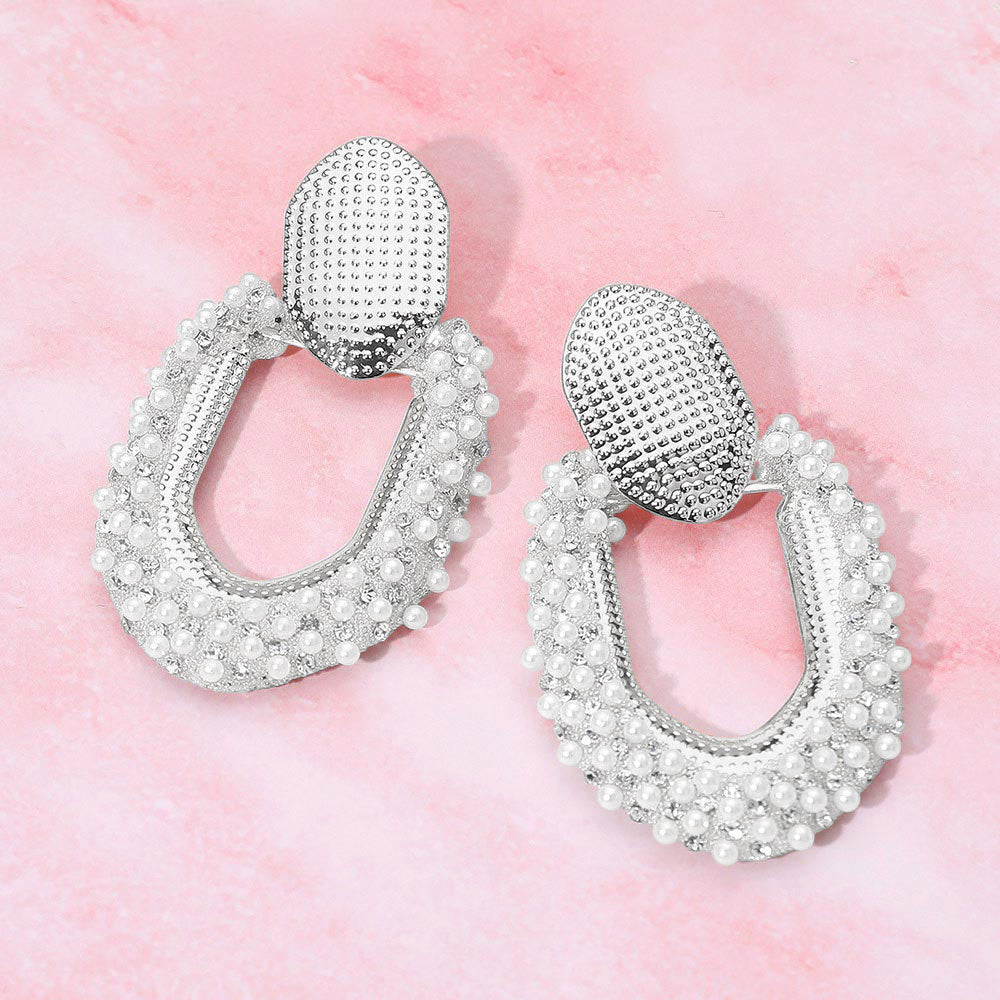 Textured Metal Pearl Embellished Geometric Ring Door Knocker Earrings