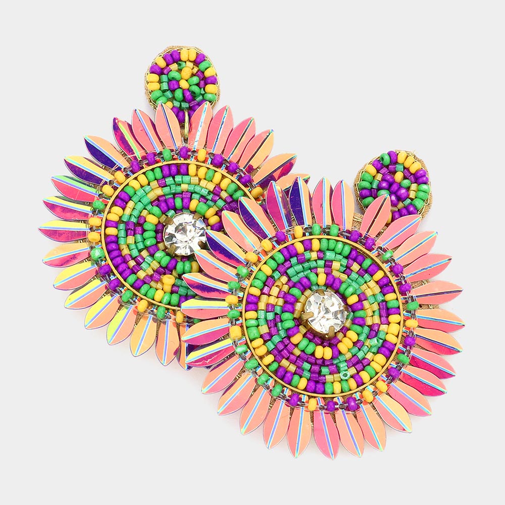 Mardi Gras Felt Back Seed Beaded Round Dangle Earrings
