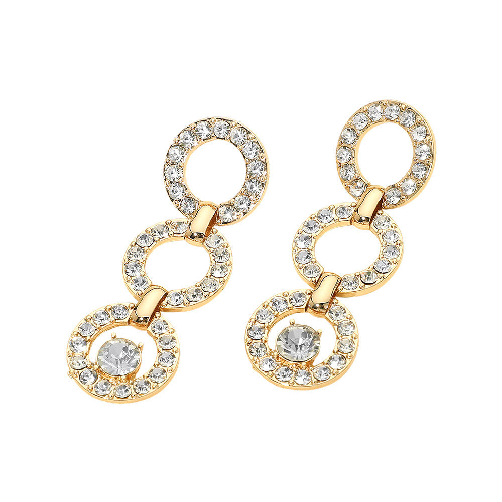 Gold Dipped Rhinestone Circle Link Drop Earrings