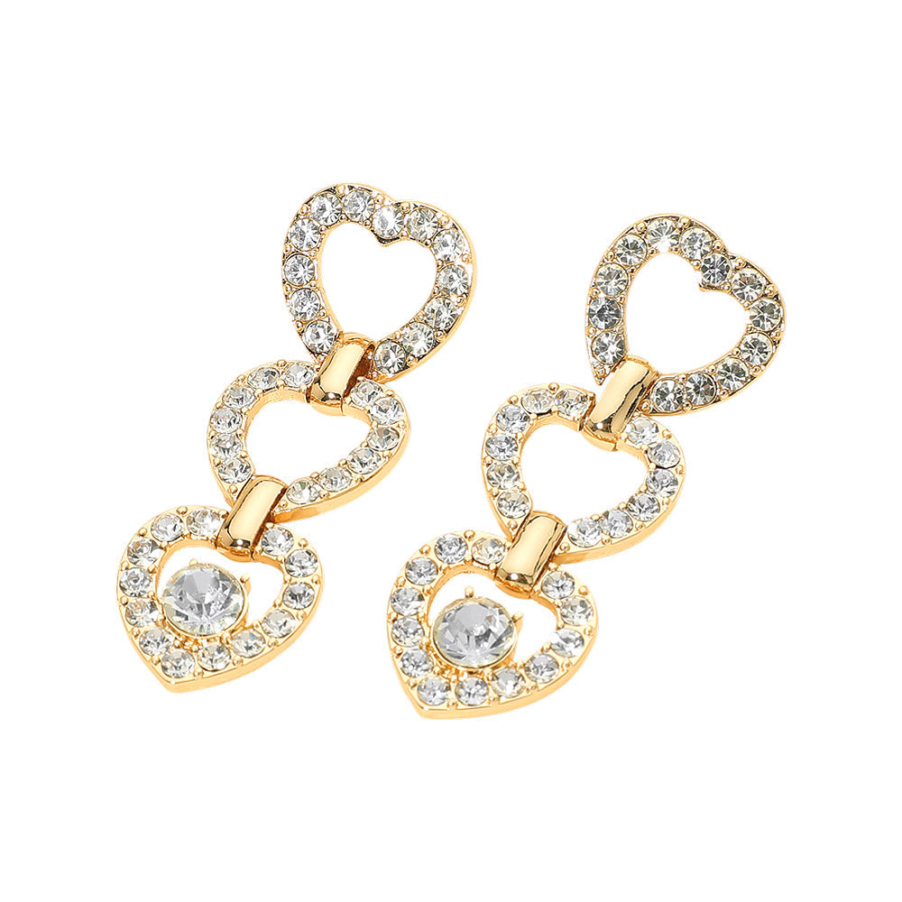 Gold Dipped Rhinestone Open Heart Link Drop Earrings