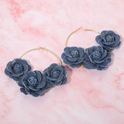 Bold Triple Denim Fabric Rose Beaded Hoop Earrings