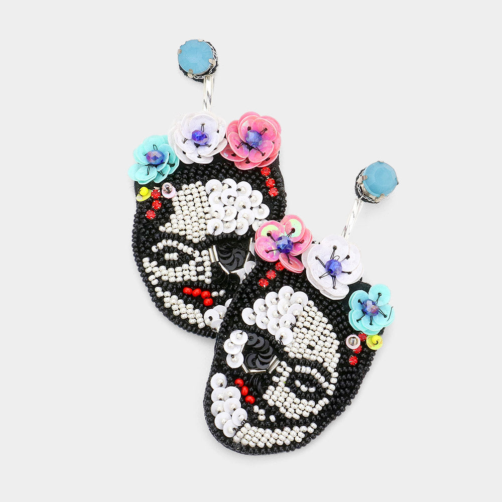 Triple Flower Sequin Seed Beaded Skull Dangle Earrings