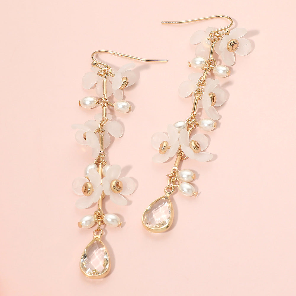Teardrop Stone Tip Layered Floral Drop Earrings