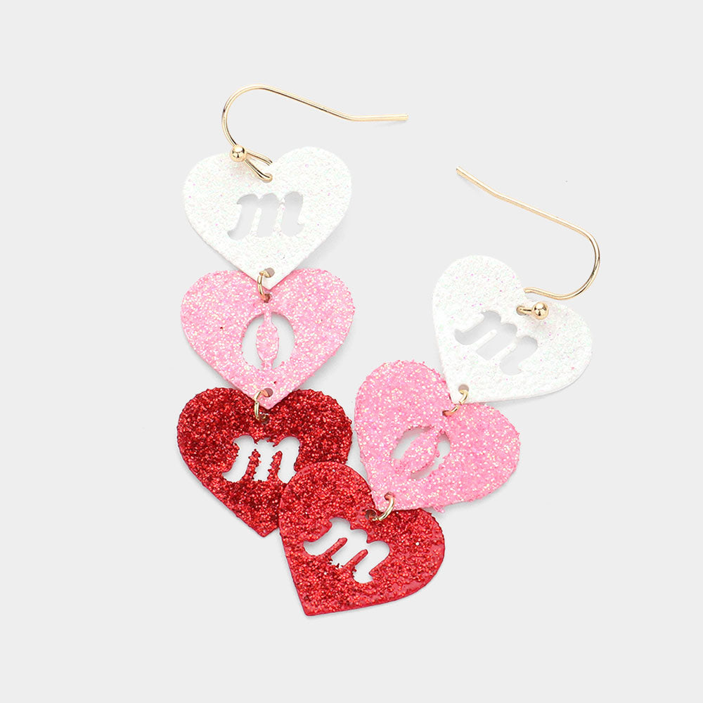 MOM Cutout Glitter Metal Heart Link Dropdown Earrings
