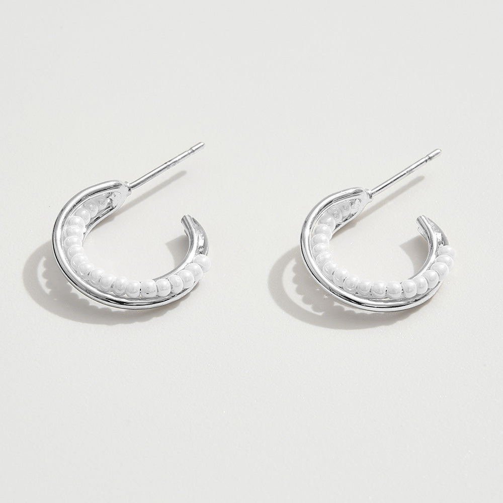 White Gold Dipped Pearl Beads Small Hoop Earrings