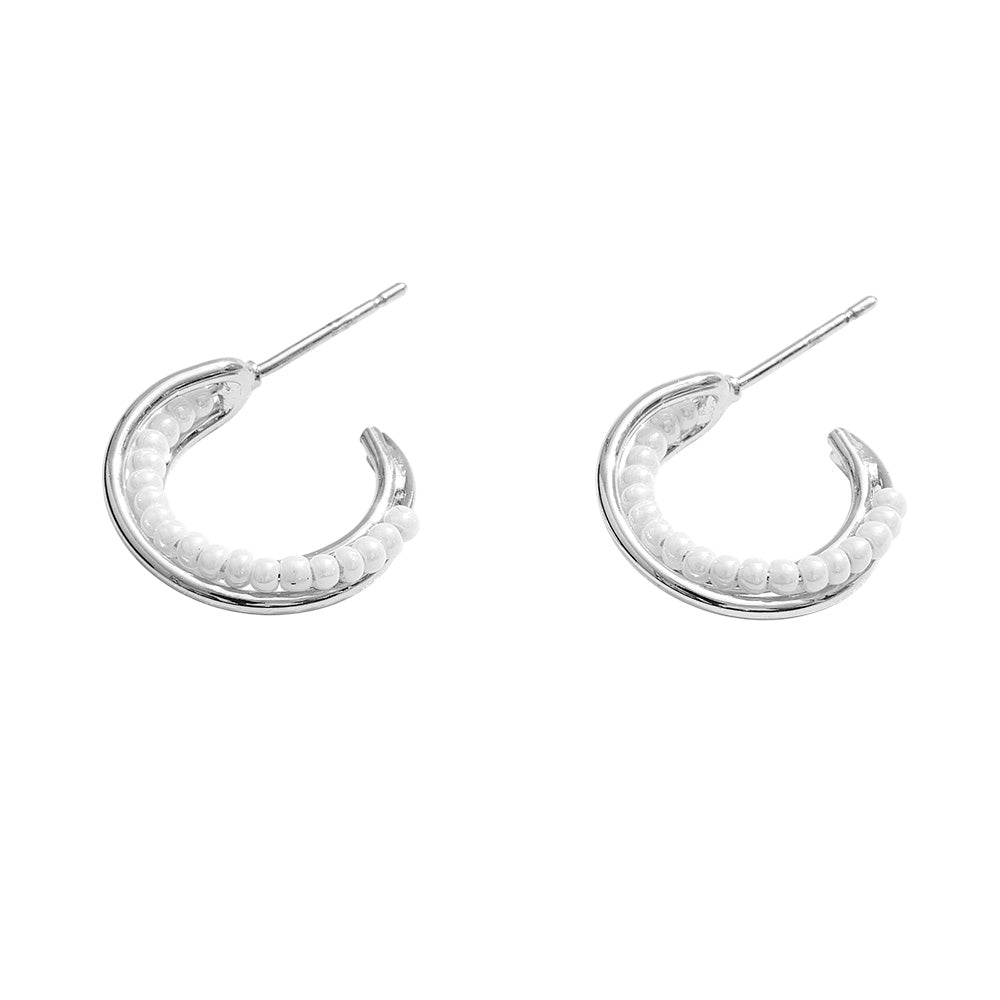 White Gold Dipped Pearl Beads Small Hoop Earrings