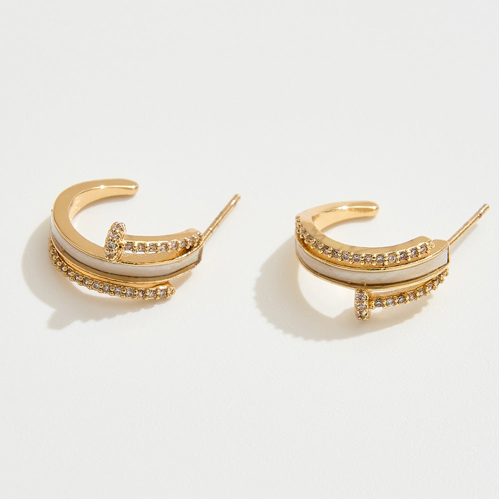 14K Gold Dipped CZ Stone Paved Nail Head Mother of Pearl Inlay Mini Hoop Earrings