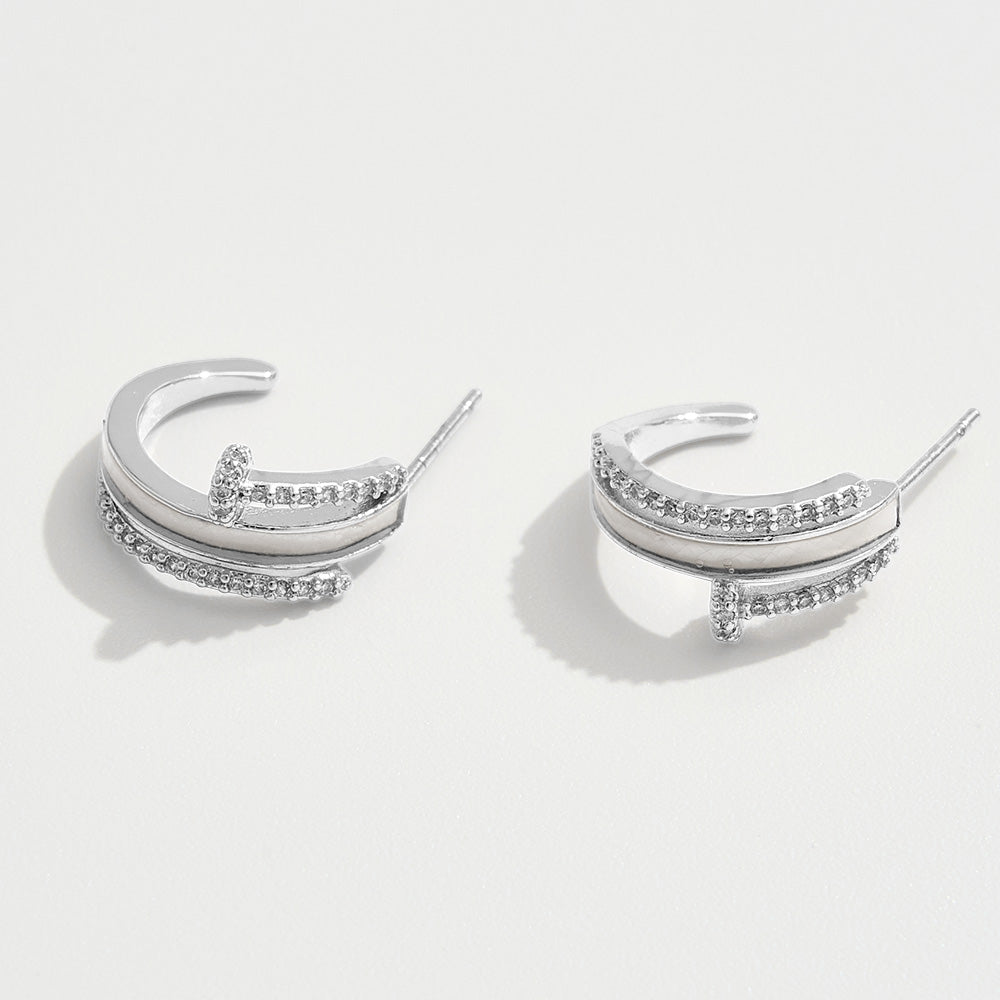 White Gold Dipped CZ Stone Paved Nail Head Mother of Pearl Inlay Mini Hoop Earrings