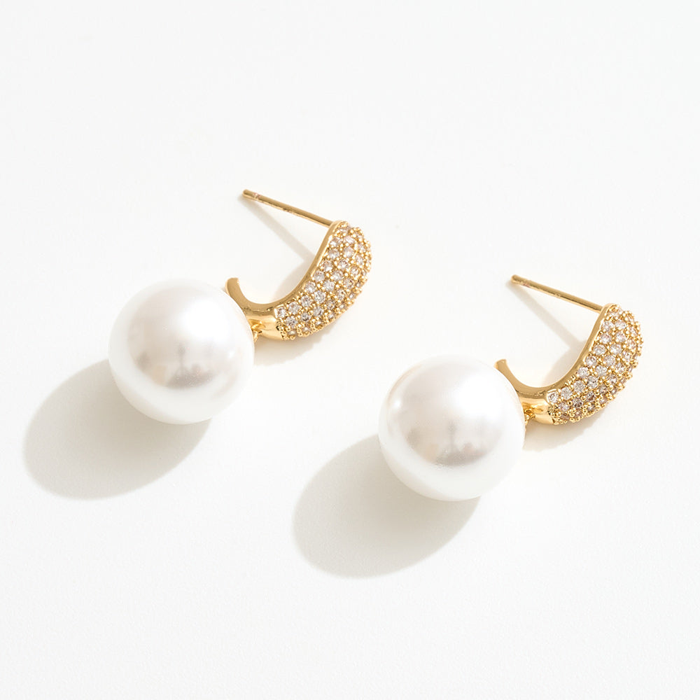 14K Gold Dipped CZ Pave Pearl Drop Earrings