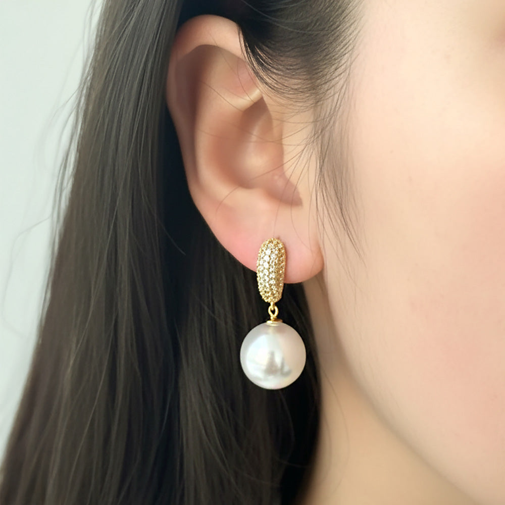 14K Gold Dipped CZ Pave Pearl Drop Earrings