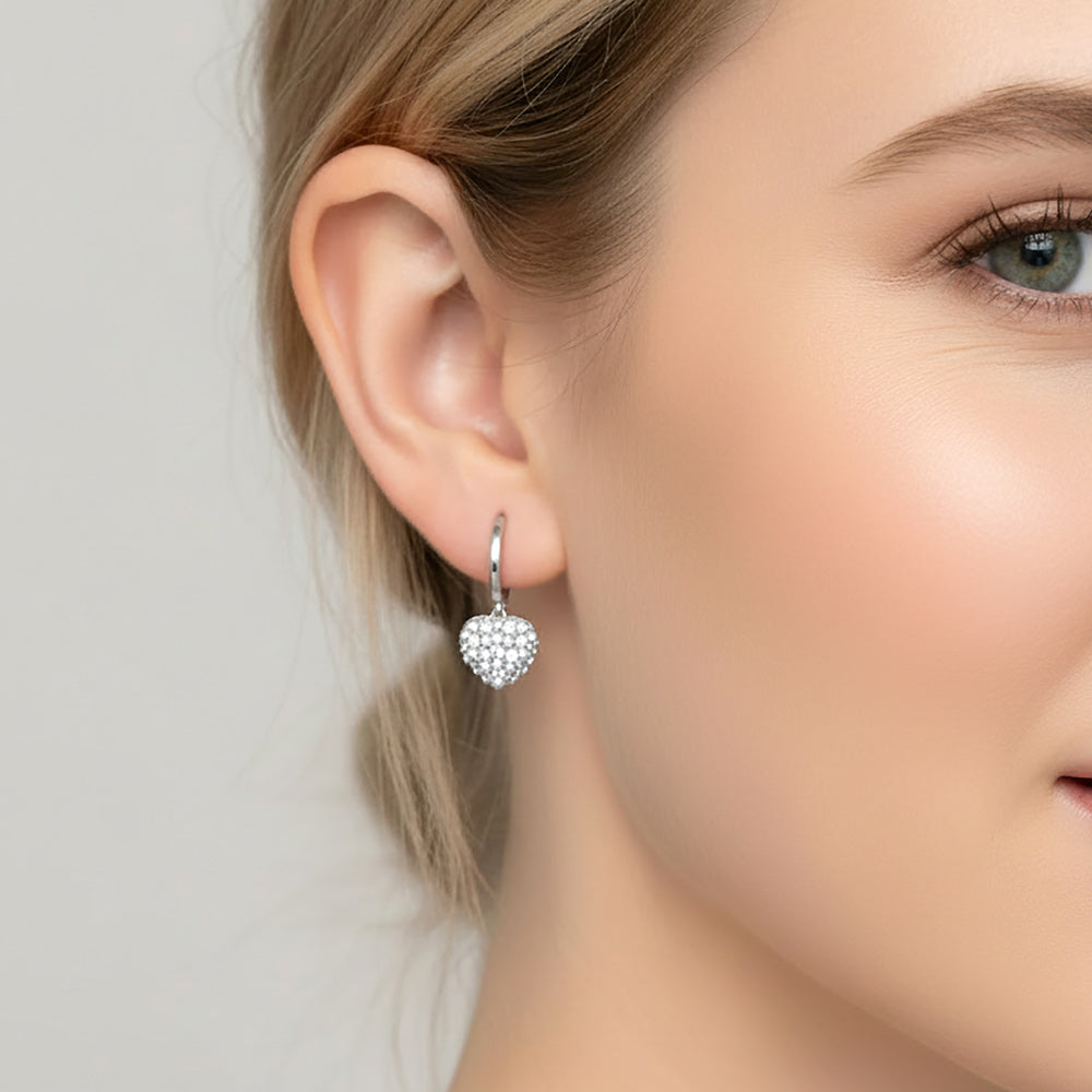 White Gold Dipped Mini CZ Pearl Pave Heart Charm Drop Huggie Hoop Earrings