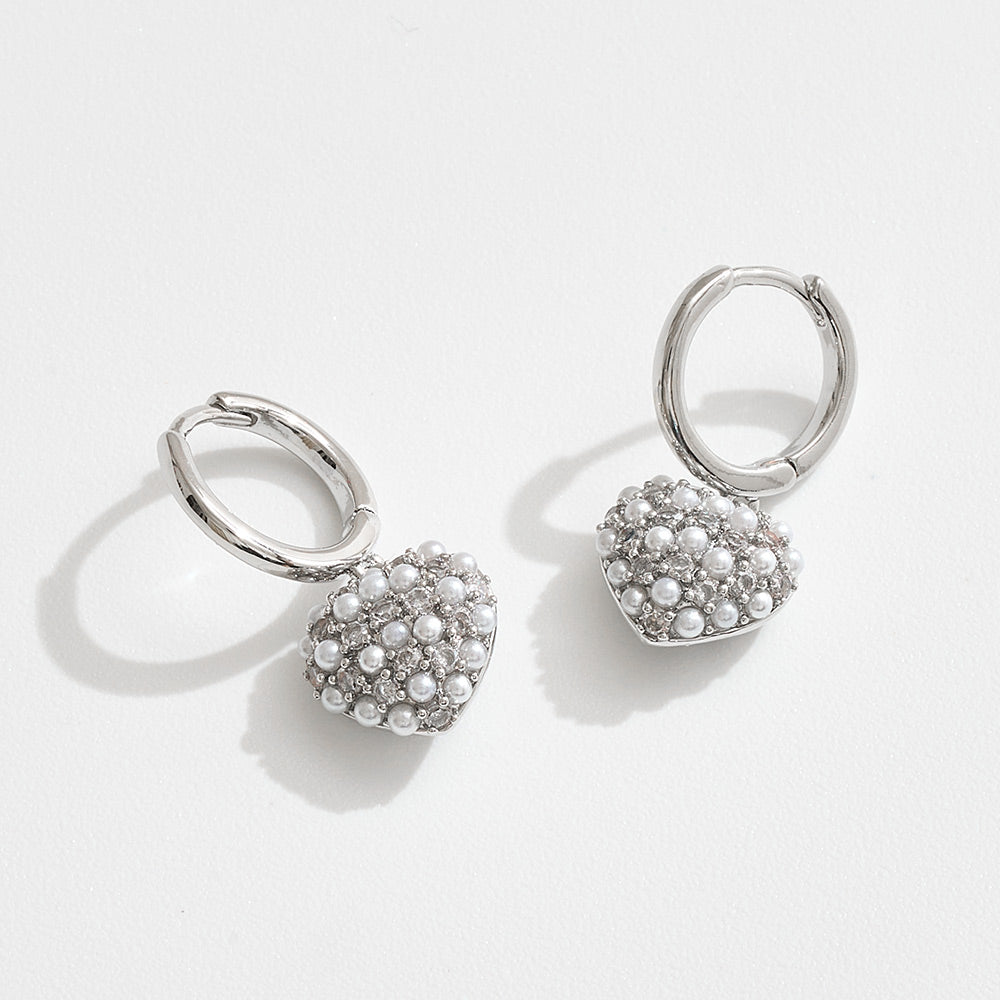 White Gold Dipped Mini CZ Pearl Pave Heart Charm Drop Huggie Hoop Earrings