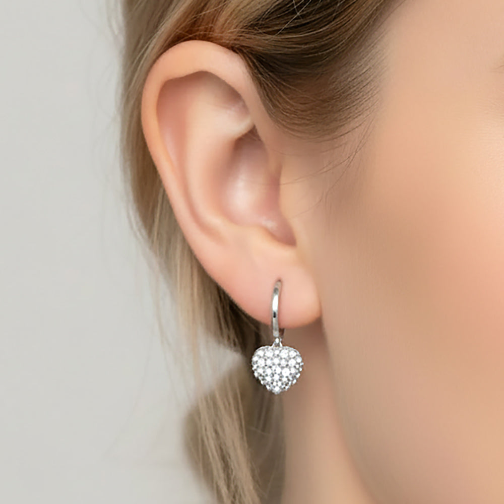 White Gold Dipped Mini CZ Pearl Pave Heart Charm Drop Huggie Hoop Earrings