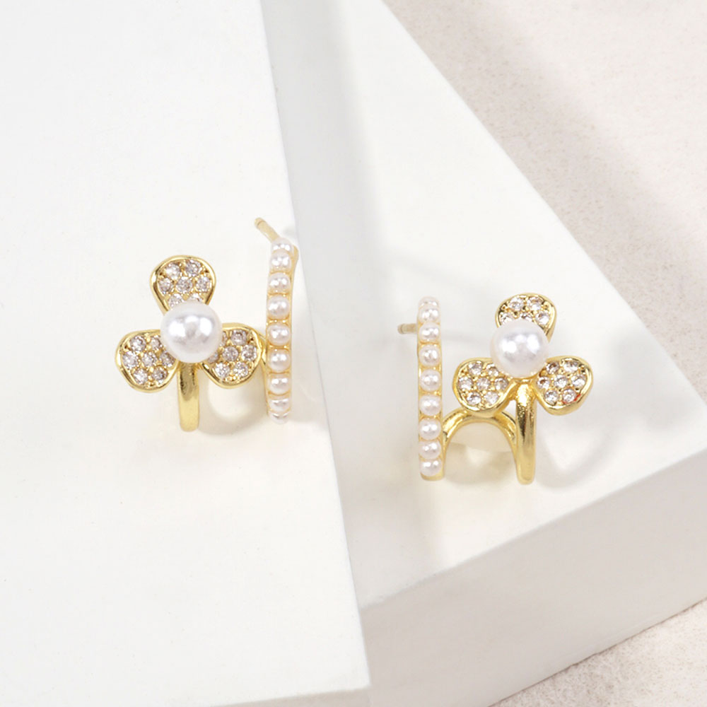 14K Gold Dipped Pearl Accent Flower Half Hoop Earrings