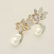 Floral Leaf Pearl Drop Dangle Earrings