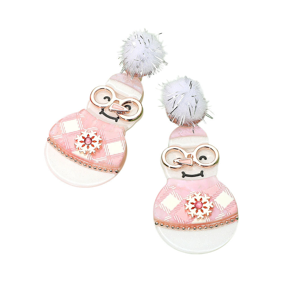 Pom Pom Resin Christmas Snowman Dangle Earrings
