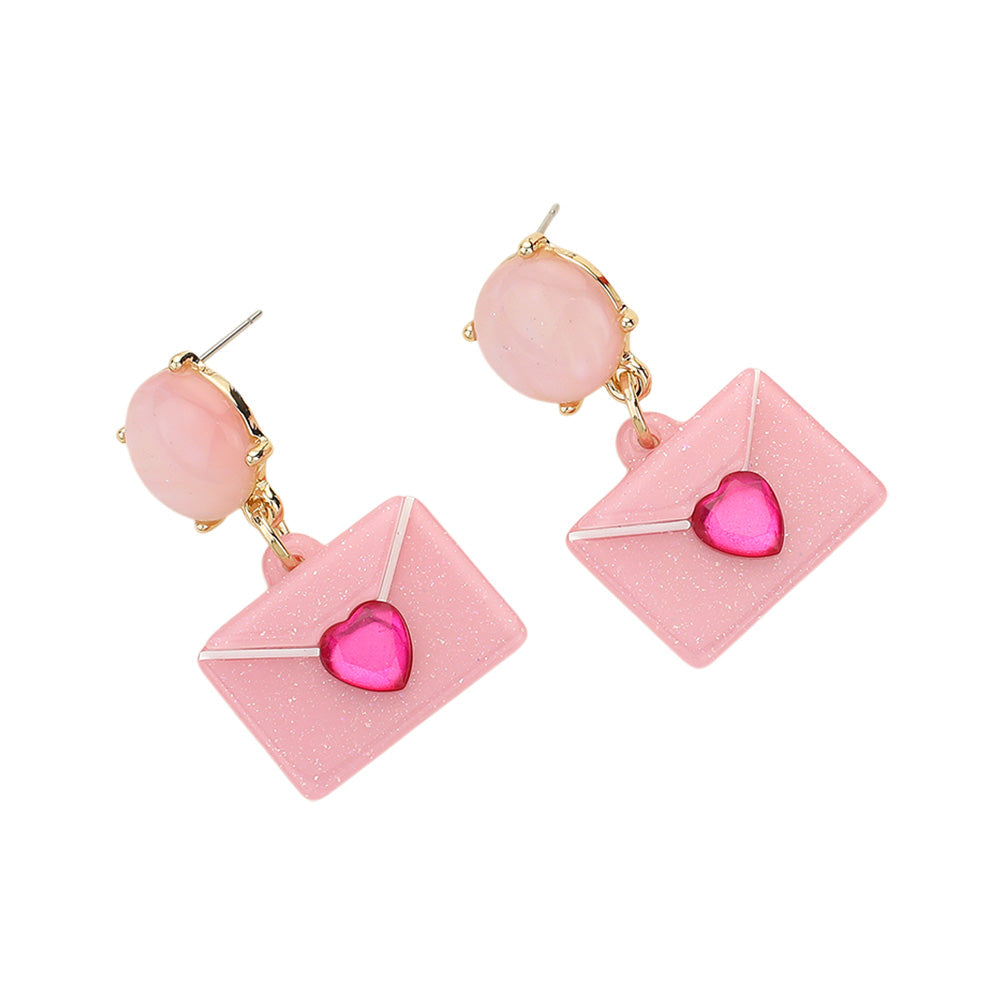Glittered Resin Heart Envelope Dangle Earrings