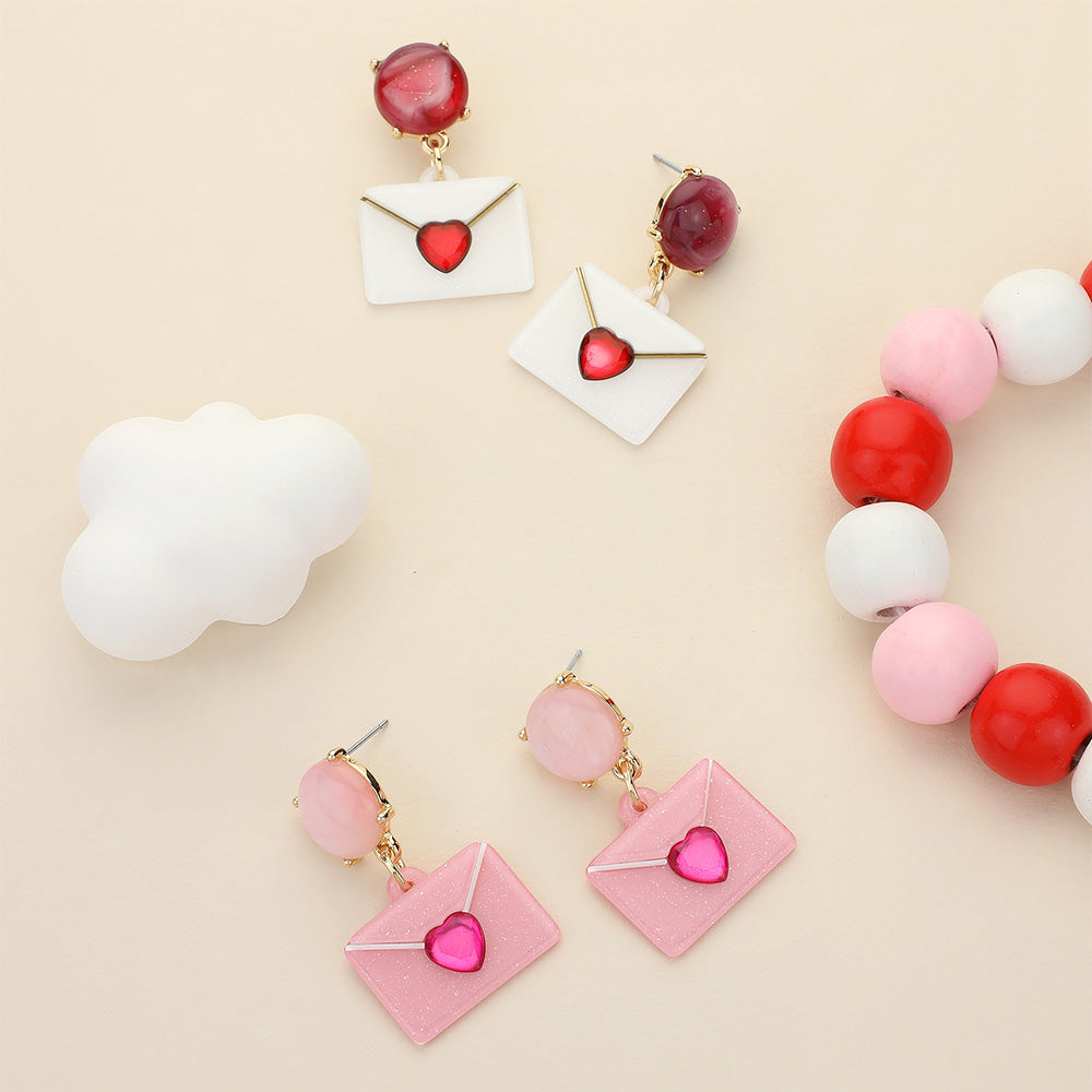 Glittered Resin Heart Envelope Dangle Earrings