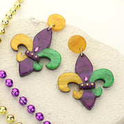 Glittered Resin Mardi Gras Fleur de Lis Dangle Earrings