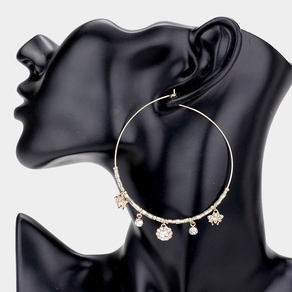 Rhinestone Embellished Metal Flower Honey Bee Beaded Open Circle Earrings