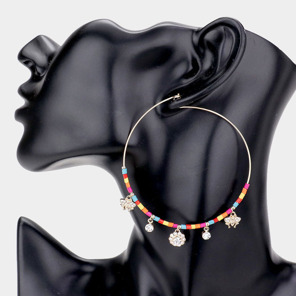 Rhinestone Embellished Metal Flower Honey Bee Beaded Open Circle Earrings